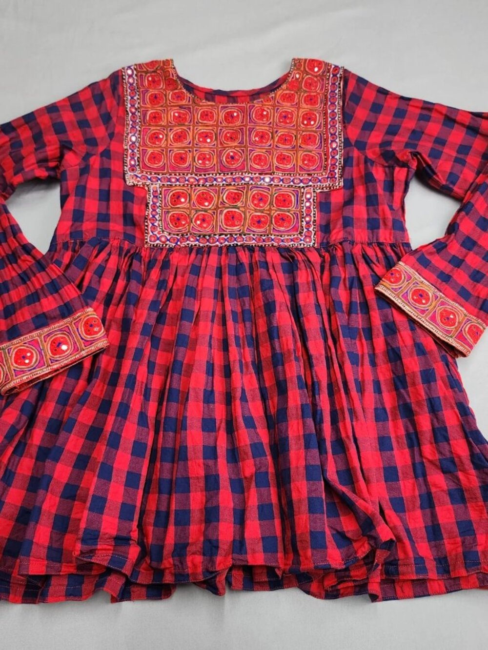 Balochi Sindhi Shisha Mirror Embroidered Dress Tunic Womens M Red Plaid Cotton